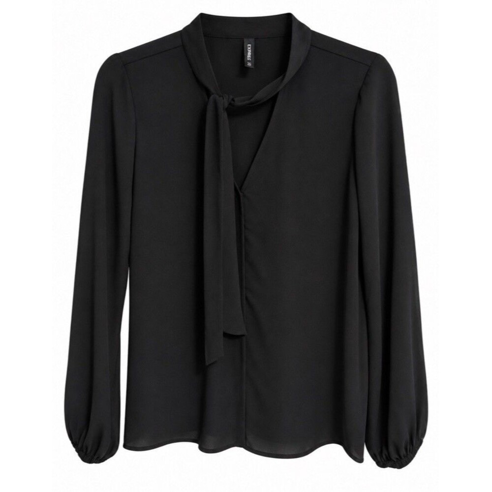 Stradivarius Women's Small Black Tie Neck Blouse Long Sleeve Lightweight Career